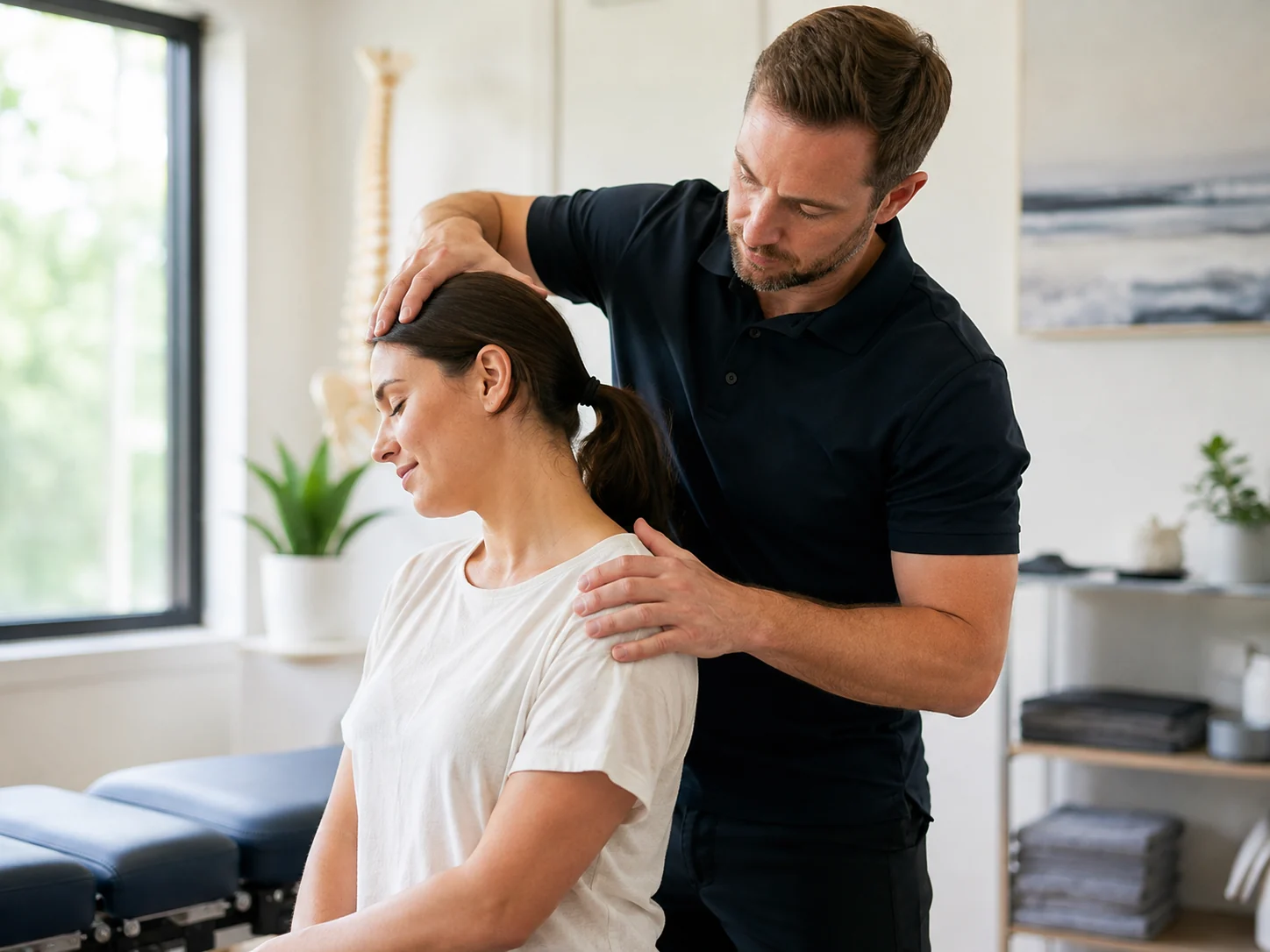 Chiropractic practitioner assessing a patient's neck and shoulder