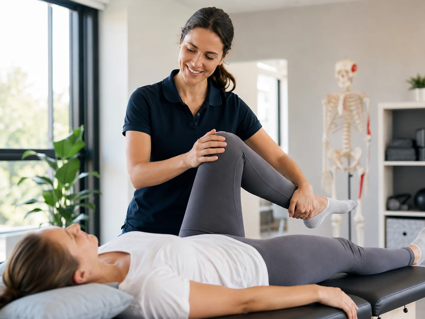 Physiotherapist guiding a patient through a leg mobility exercise