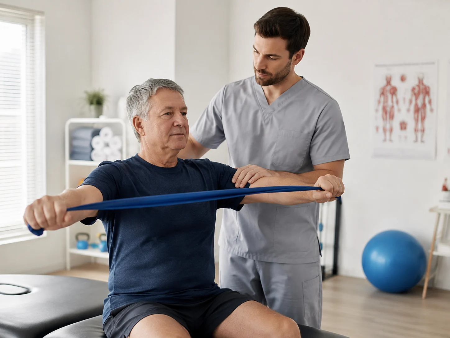Rehabilitation professional supervising a resistance band exercise