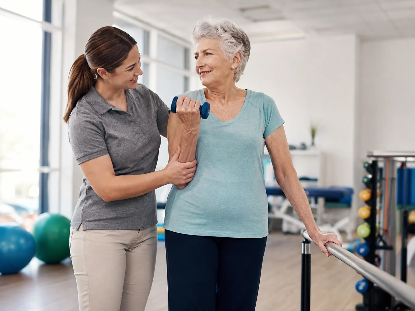 Therapist supporting an older adult during strength rehabilitation